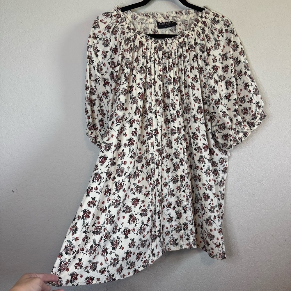 Lane Bryant Puff-Sleeve Crew Neck Pintuck Blouse Top White Floral Stretch 18/20 - Picture 2 of 12